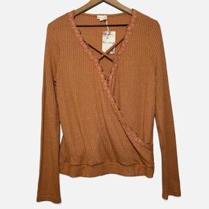 Hem & Thread burnt orange waffle knit faux wrap top lace trim boho bohemian L